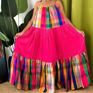 QmpModa Vibrant Pink Multi-Color Madras Maxi dress